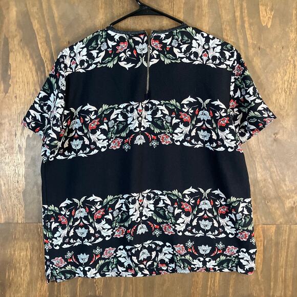 Zara Basic Womens Shirt Black Multi Floral Short Sleeve Zipper Back XLarge - Picture 9 of 11